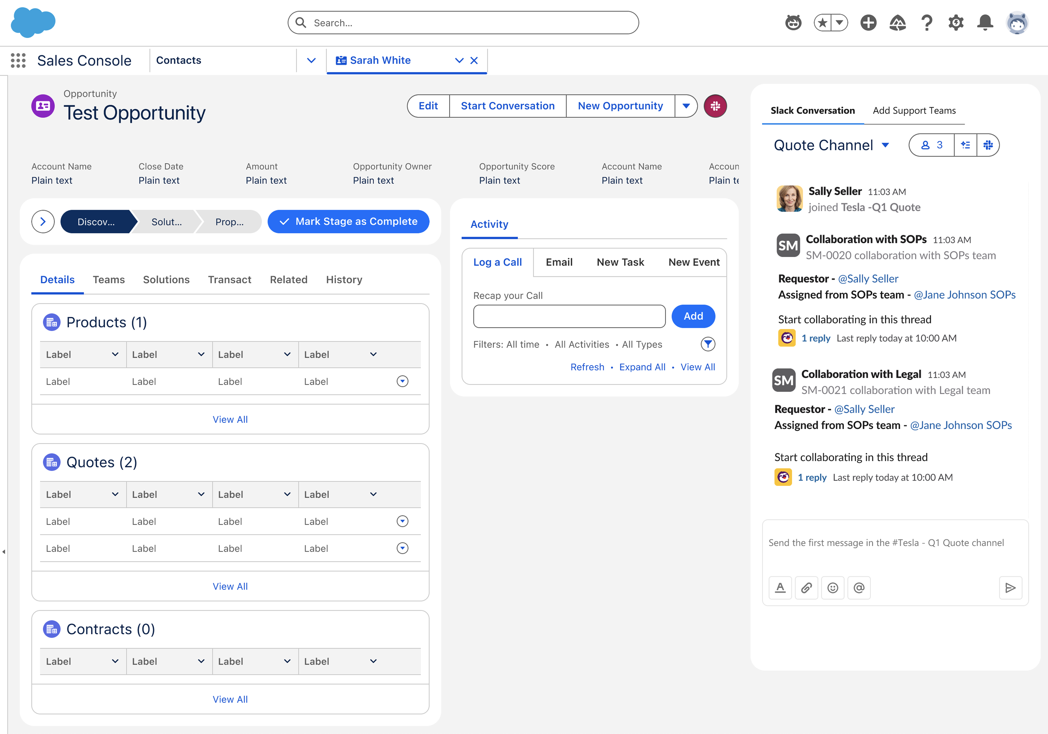 Slack inside Salesforce — main screen of the proposal